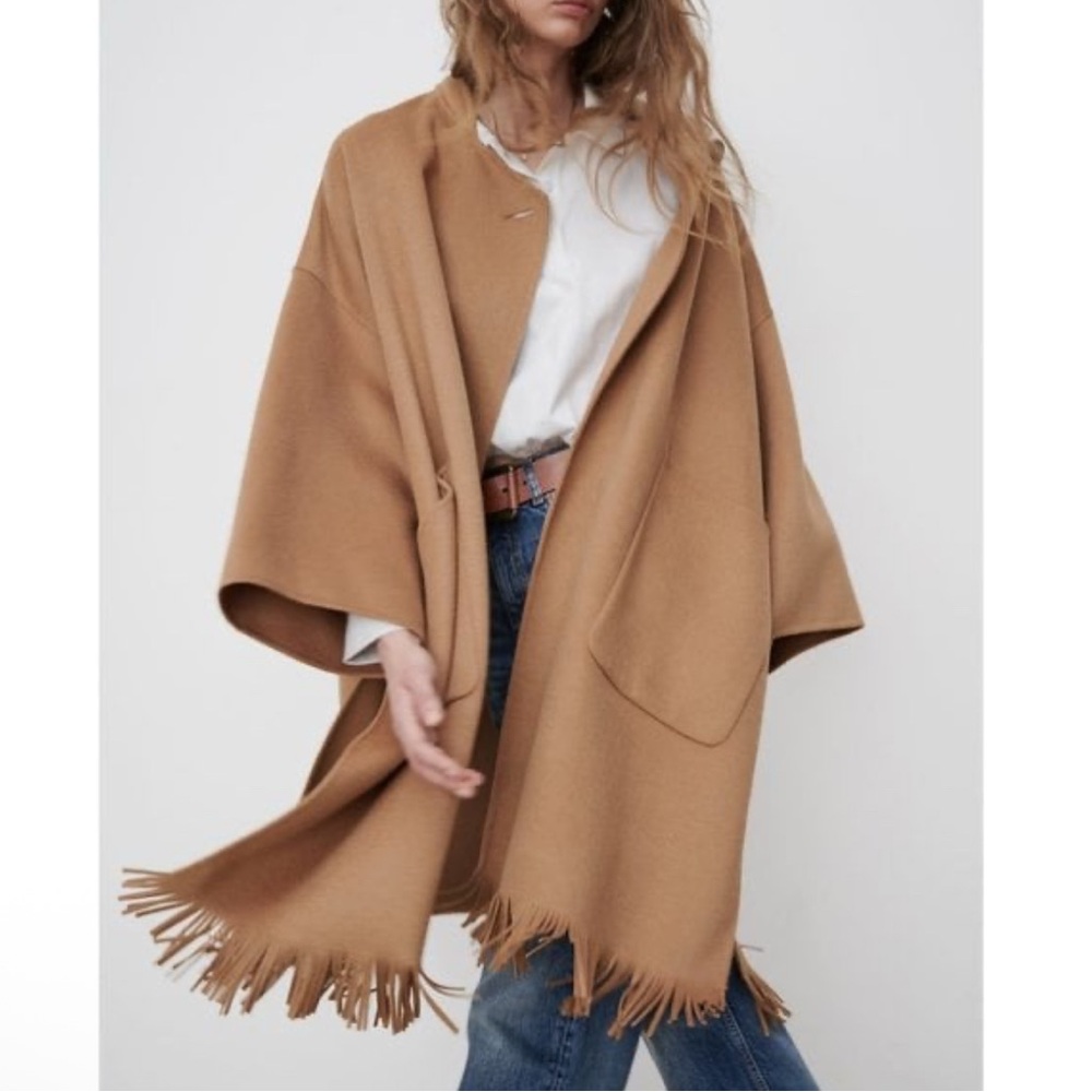 Zara Wool Blend Fringed Cape Coat
